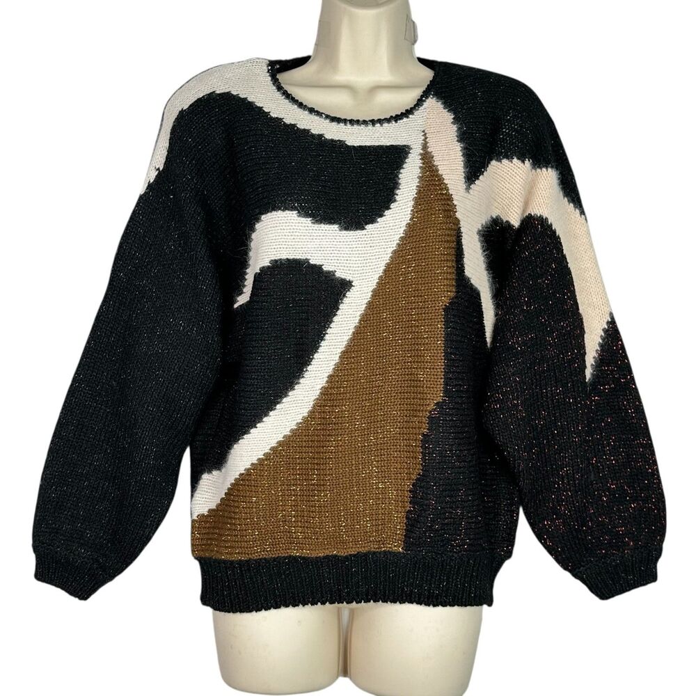Vintage 80s 90s Abstract Sweater Womens Large Black Brown Angora Lurex Oversized